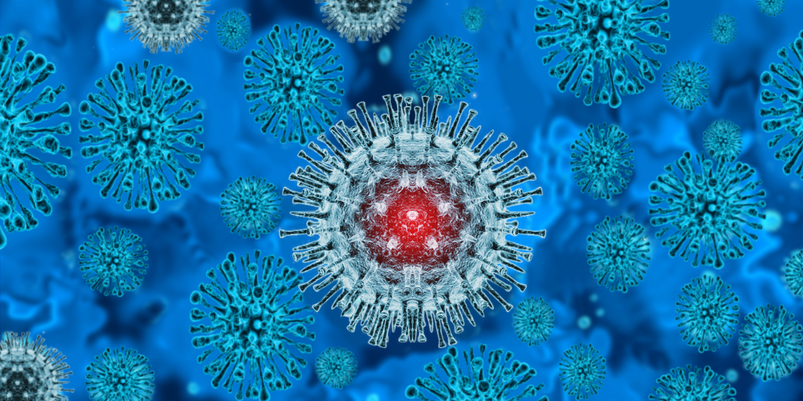 A spiked virus with a red center, representing monkeypox, stands out ominously against a background of blue cells