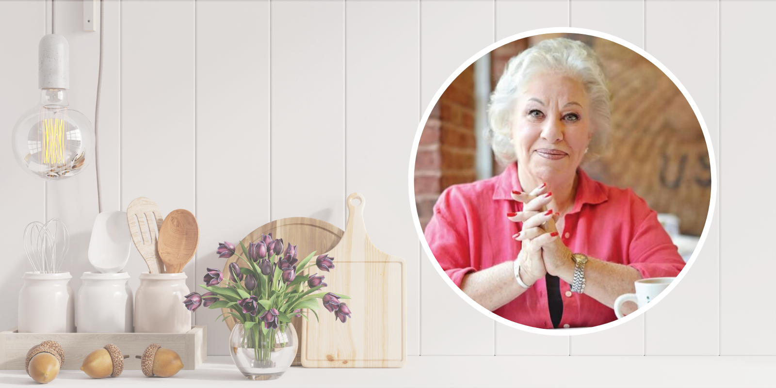 A round photograph of chef Ina Pinkney, a senior white woman with white hair wearing a pink shirt, sits on top of a photograph of a kitchen counter with various cooking utensils and flowers.
