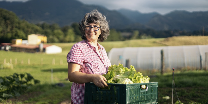 An older curvy white woman with short gray hair wearing a pink shirt holds a bin of produce with a landscape of farmland behind her.