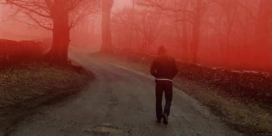Man walking away from the camera on a dirt road flanked by bare trees, with an eerie red light covering half the photo.